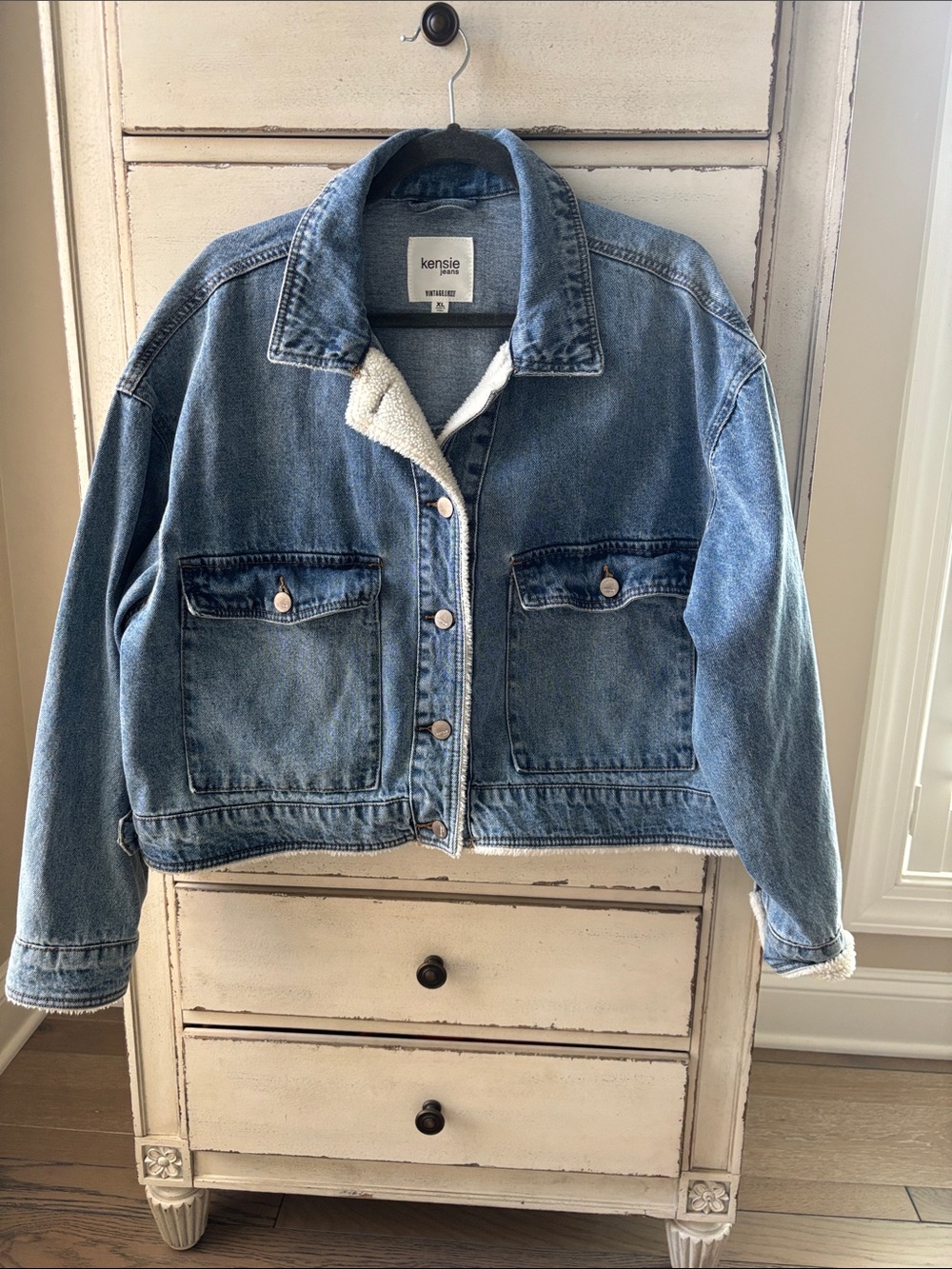 Kensie Light Blue Denim Sherpa-Trim Jacket